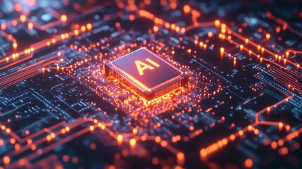 Futuristic Microchip with AI Technology Highlights in Neon Glow