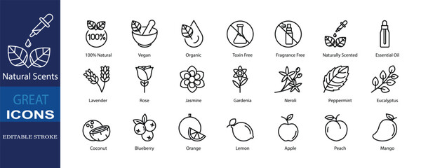 A collection of 21 thin line icons representing natural scents and ingredients, including flowers, fruits, essential oils, and eco-friendly concepts. Perfect for cosmetic packaging, aromatherapy.
