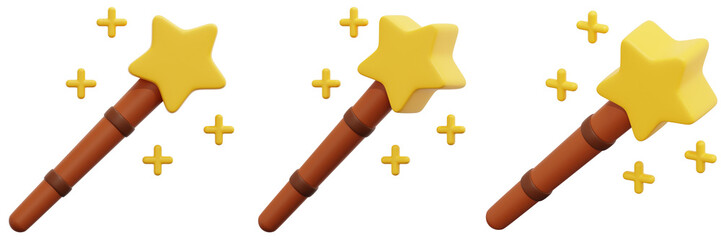 Obraz premium Set of Three Brown Wands with Yellow Stars and Sparkles 3d Render Icon Illustration