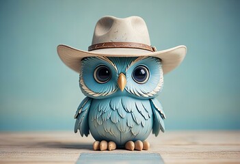 Minimalist chibi cowboy owl character design, prairie background.