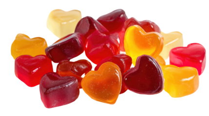Sugar gummy jelly cubes hearts bears chewy candy on white background

