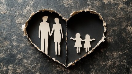 [Fractured Family Relationship Art Piece] Silhouetted Family Heart Cutout Against Dark Textured Surface