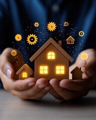 [Designing dream home conceptually.] Hand Holding Investment Model with Finance Icons for Real Estate Development Concept