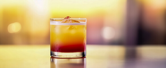 Refreshing drink with ice in glass against soft background