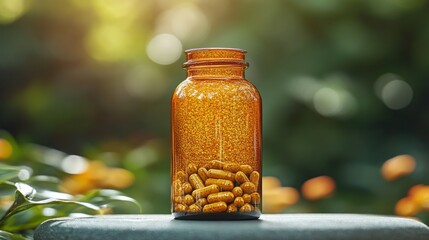 Amber bottle of orange capsules outdoors