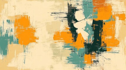 Abstract art featuring colors of orange, green, black, and tan with a textured brushstroke effect