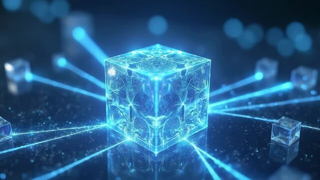3D digital cube with glowing connections on dark background