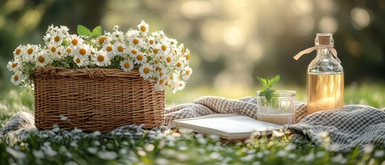 [Outdoor picnics picnic ideas drinks] Romantic Garden Picnic Setting with Fresh Flowers and Yellow Blooms