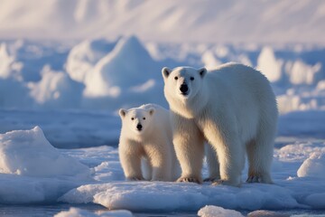 Polar Bear Mother and Cub on Ice Floe, Arctic Wilderness Scene with Snow and Blue Tones