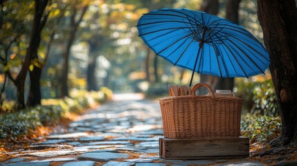 [Picnic essentials outdoor containers] Serene Morning Picnic Scene with Colorful Blue Umbrella and Wooden Table Under Misty Sky