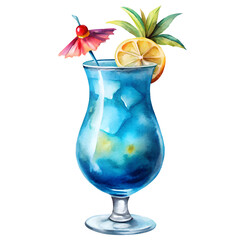 Blue Hawaiian Cocktail Watercolor Clipart Illustration