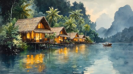 Fototapeta premium Tranquil riverside huts at dusk, nestled amongst lush greenery. Illuminated homes reflect on calm water, with a small boat visible in the distance