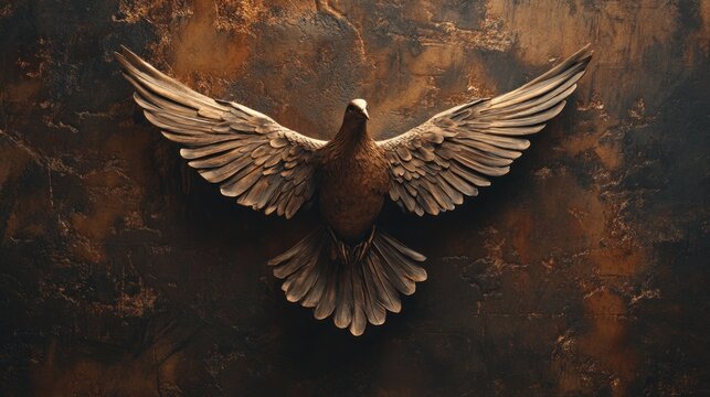 A bronze dove in flight, depicted against a textured background.