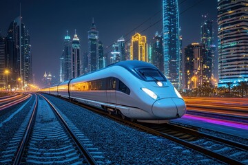 Fototapeta premium High-Speed Train Gliding Through Modern Cityscape at Night with Illuminated Skyscrapers and Vibrant Light Trails