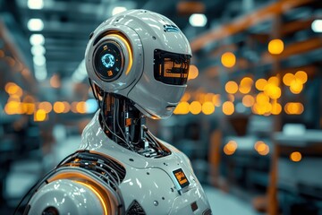 Fototapeta premium Futuristic Robot in High-Tech Factory with Glowing Orange Lights and Advanced Technology