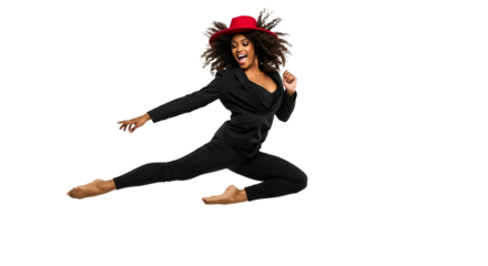 Bold jazz dancer captured mid-side jump with stylish bent arms and tilted hat, full of energy