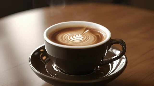 Hot cup of coffee with latte art on saucer on wooden table  