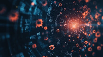Obraz premium Dark background with floating virus particles surrounded by digital data, covid, biotechnology and pandemic analytics concept.