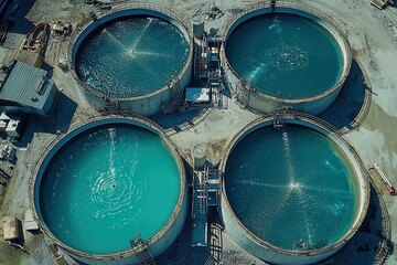 Aerial View of Industrial Water Treatment Facility with Circular Tanks and Clear Blue Water