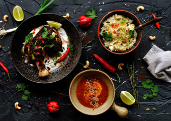 Delicious Indian Cuisine with Roasted Chicken and Spices