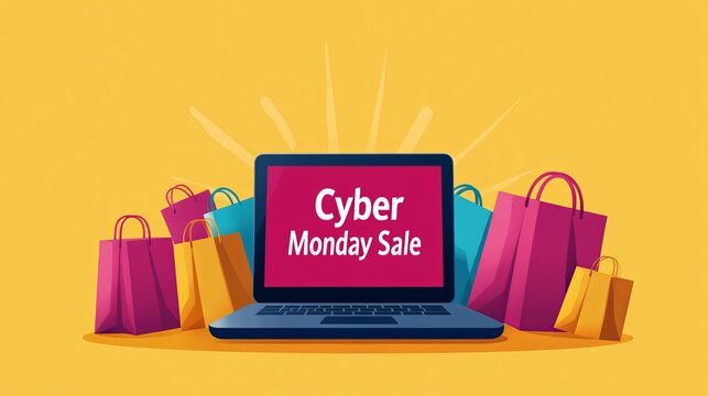 Exciting online discounts for Cyber Monday sale with shopping bags surrounding a laptop on a yellow background