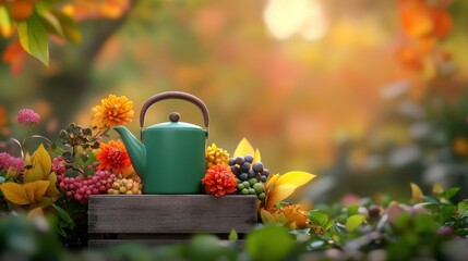 [Sunset Picnics refreshments landscape] Cozy Autumn Garden Scene with Wooden Bench and Watering Can