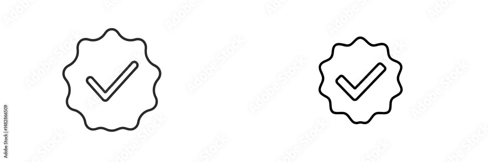 Poster creative designs of check marks inside badge shapes in a minimalistic style suitable for various gra