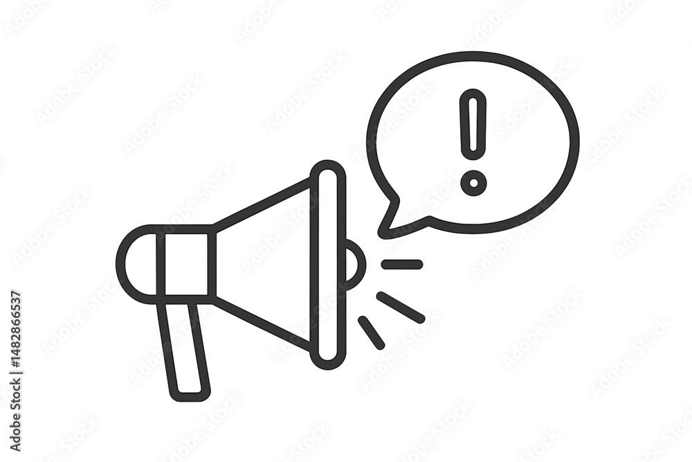 Poster Megaphone emitting an alert symbol with sound waves indicating announcement or alert at a public event setting