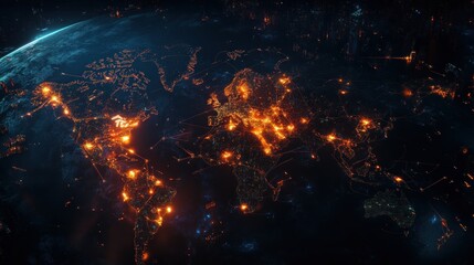 Global city lights illuminating a dark planet.