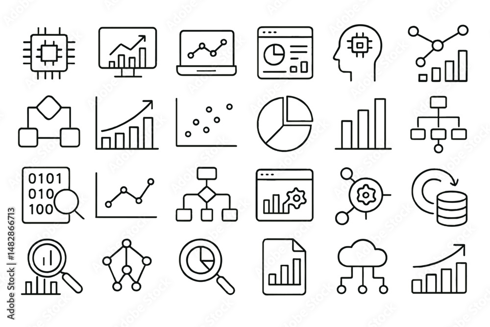 Poster collection of minimalist icons representing data analysis and technology concepts