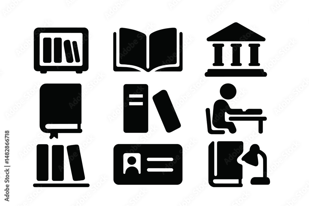 Poster Various educational symbols representing learning environments and resources in a simplified style