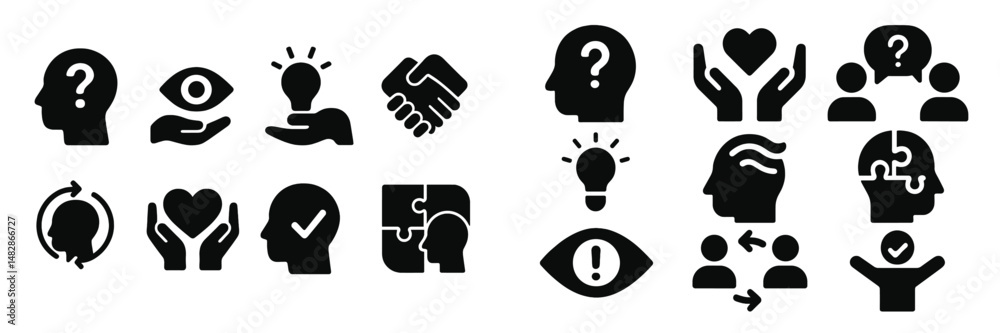 Poster Exploring concepts of creativity, collaboration, and problem-solving through diverse symbols in modern design