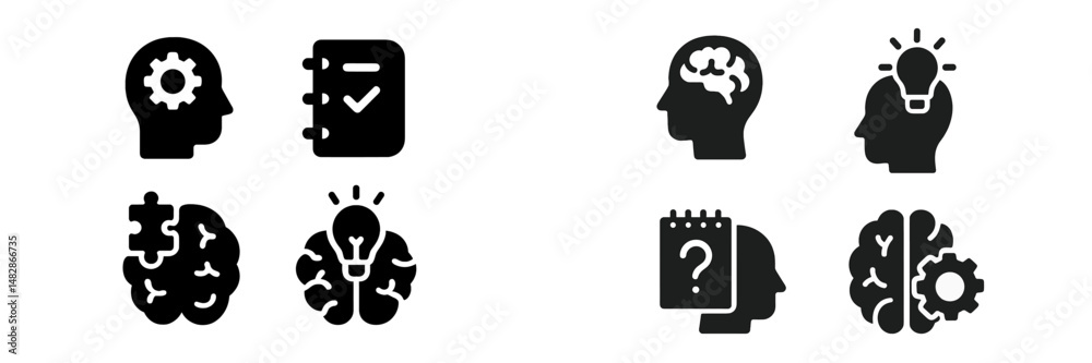 Poster exploration of cognitive processes illustrated through black and white icons depicting thinking, cre