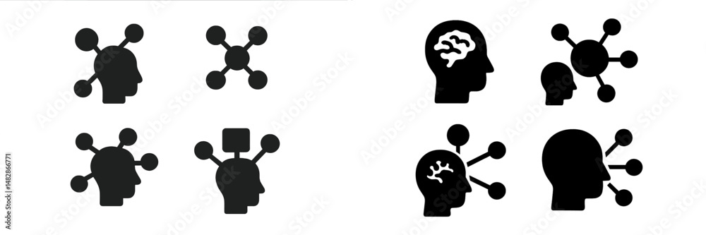 Poster stylized human heads with abstract connections and brain representations showcasing ideas and though