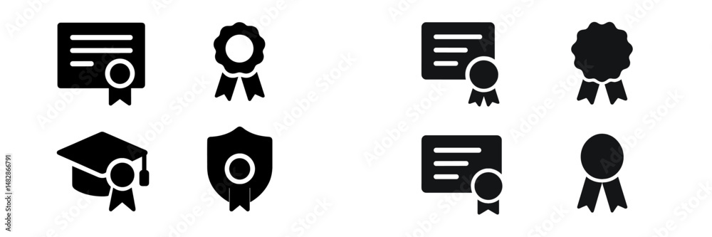 Aufkleber symbols of achievement and recognition displayed in a simple design featuring certificates, diplomas