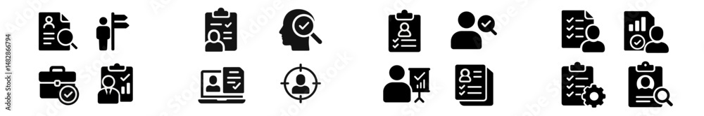 Poster icons representing various aspects of human resources management and recruitment processes in a mode
