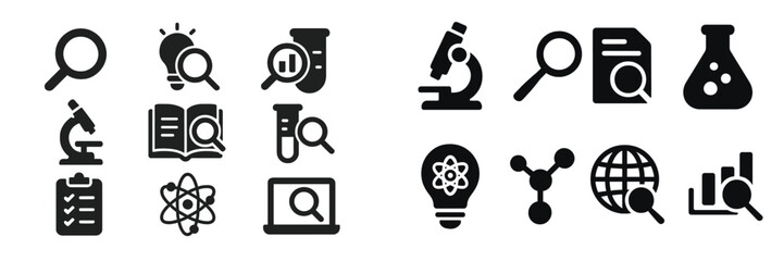 Icons representing scientific research, analysis, and exploration in a minimalist design suitable for educational materials