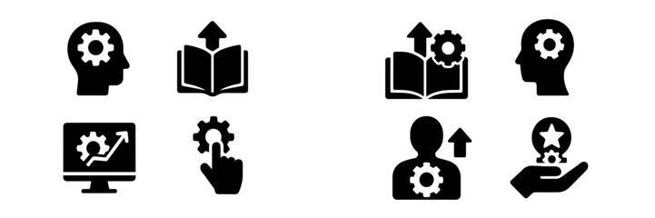 Various icons representing knowledge, growth, and technology in a modern workspace