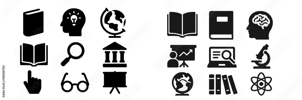 Poster educational symbols and icons representing learning, knowledge, and research activities in a minimal