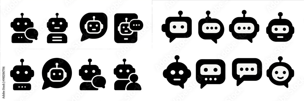 Poster various chat bot icons designed for interaction and communication presented on a clean background