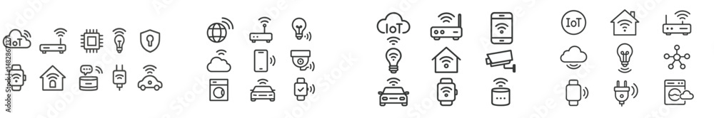 Poster collection of smart home icons representing various connected devices and technologies for modern li