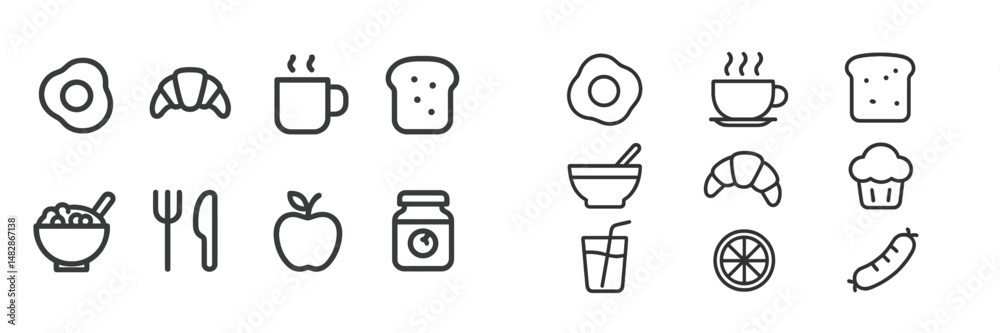 Poster various food icons representing breakfast and snacks in a minimalist style for culinary designs