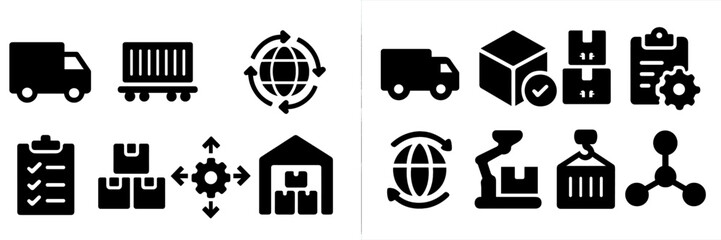 Fototapeta premium Icons representing logistics, supply chain management, and warehouse operations in a modern setting