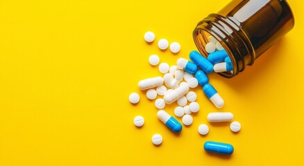 Colorful Pills and Capsules Spilled from Medicine Bottle on Yellow Background