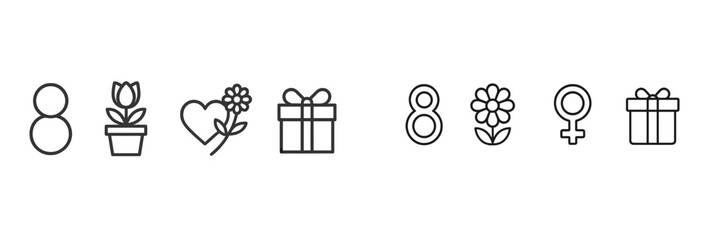 Unique collection of minimalist icons illustrating love, plants, gifts, and femininity in a modern design