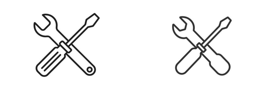 Crossed tools with wrench and screwdriver, symbolizing repair and maintenance services in a simple line art style