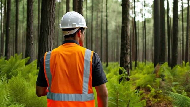 Forest ranger exploring lush greenery in a forest with vibrant ferns