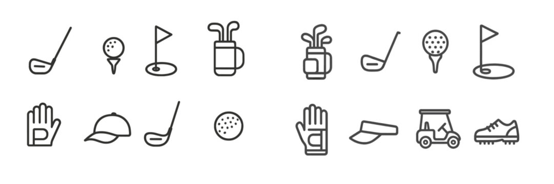 Collection of golf icons showcasing essential equipment and activities for players on the course in a minimalist style