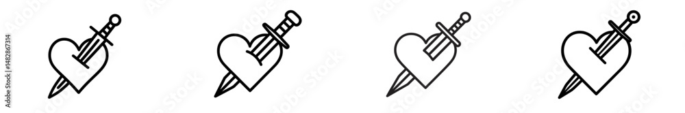 Poster Heart symbols with swords are displayed in a repeated pattern, reflecting a blend of love and conflict
