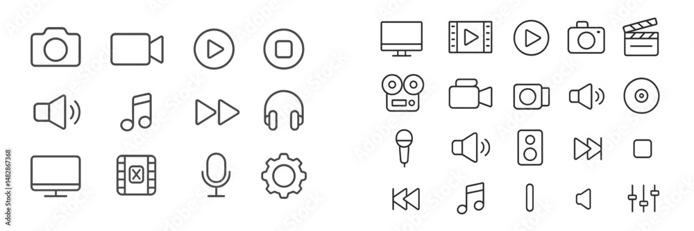 Aufkleber Various icons representing multimedia elements including sound, video, and playback tools displayed on a light background